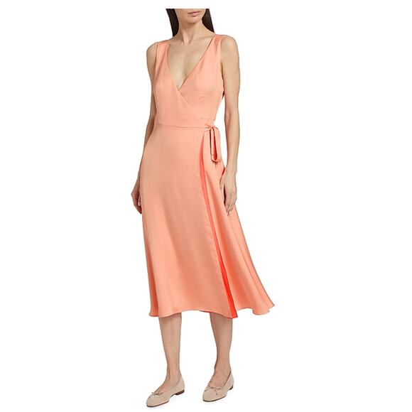Derek Lam Women's Kathleen Sleeveless Wrap Satin Orange Midi Dress - Size: 6